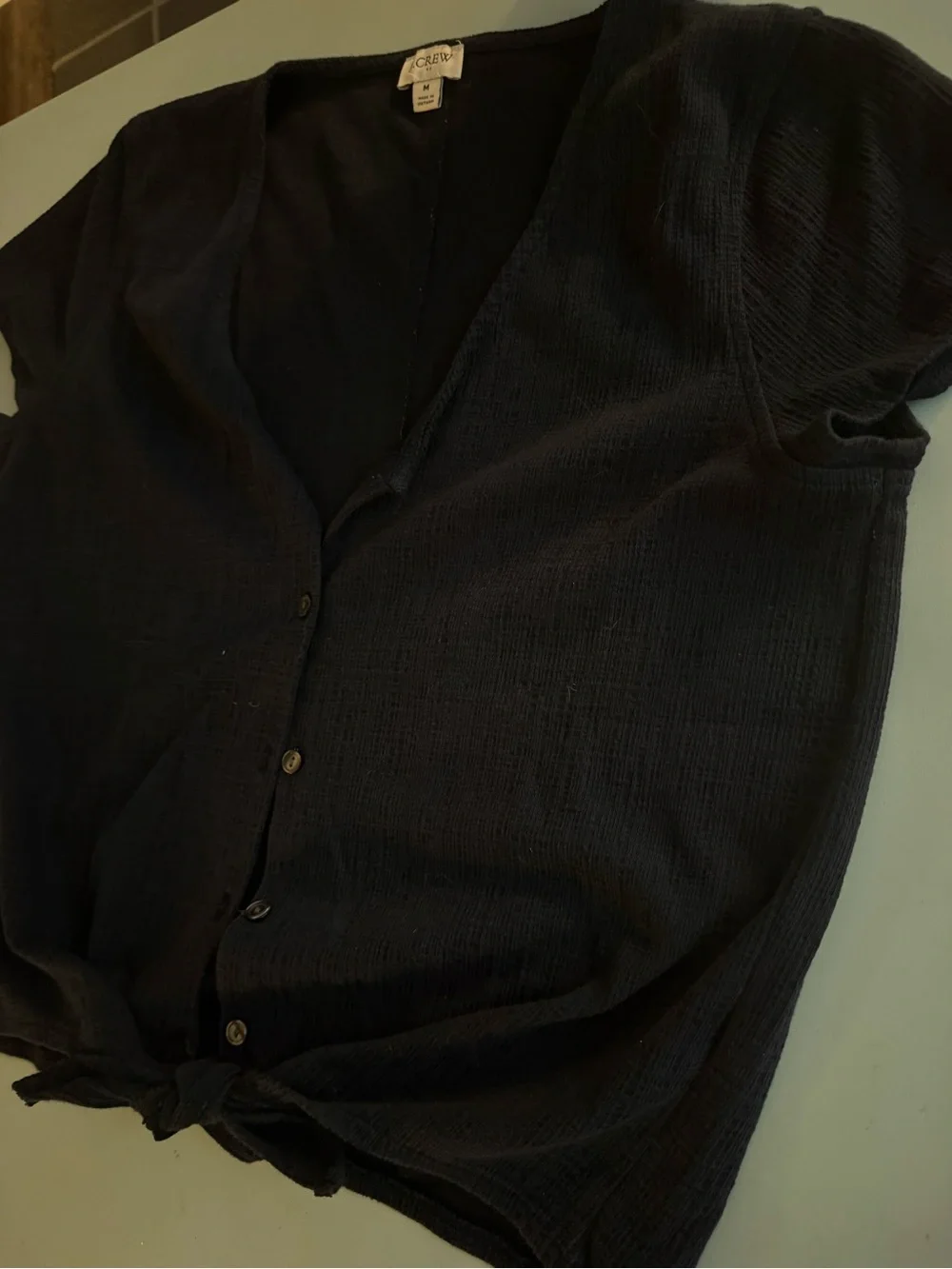 J.Crew Navy Blue Button Front Tie Hem Top Size M